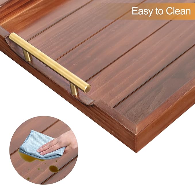 Ottoman Tray, Large Wooden Serving Tray with 2 Sets of Handles for Coffee Table, Rustic Living Room Kitchen Decor, 4 Round Coasters Included, Dark Brown