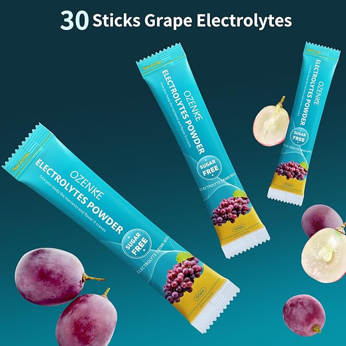 Electrolytes Powder Packets, 30 Sticks Hydration Packets Sugar Free, Electrolyte Drink Mix Portable Electrolyte Packet for Rapid Hydration, 0 Sugar & 0 Calorie, Grape Flavor