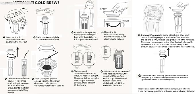 SlimFit 64oz Cold Brew Coffee Maker, Leakproof and fits for fridge door, Ergonomic Handle - BPA-Free Plastic with filter, Large 2L capacity, Black (1), Iced Tea Pitcher, Fruit Infused Filter Pitcher