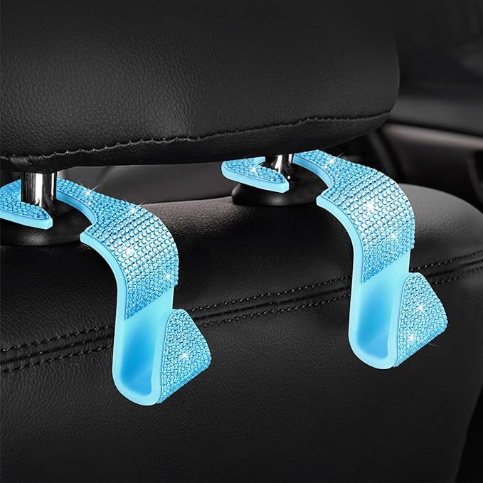 4PCS Bling Car Seat Headrest Hooks, Vehicle Back Seat Purse Handbag Hanging Holder with Crystal Rhinestone, Diamond Storage Organizer Hook, Universal Automotive Accessories (Lake Blue)