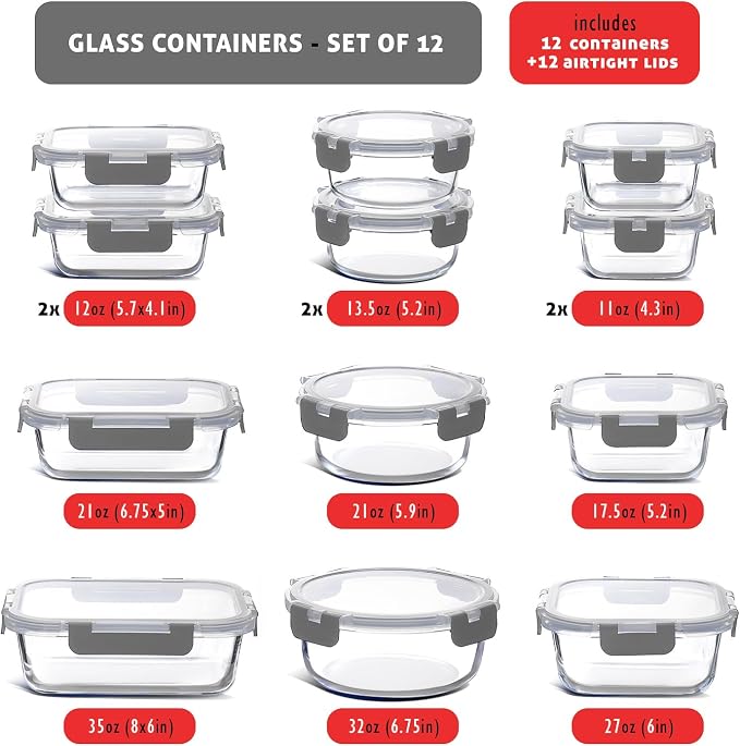 Nestl 24pc Glass Storage Containers with Lids, 12 Glass Food Storage Containers with 12 Airtight Lids for Pantry & Kitchen, Meal Prep Containers for Lunch, Oven Microwave & Dishwasher Safe, Gray