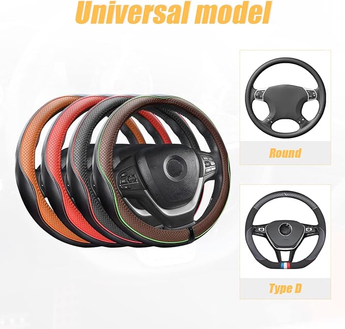 Leather Steering Wheel Cover, Soft Breathable Anti Slip, Universal Fit 15 Inch Car, Truck, SUV (Black/Red Line)