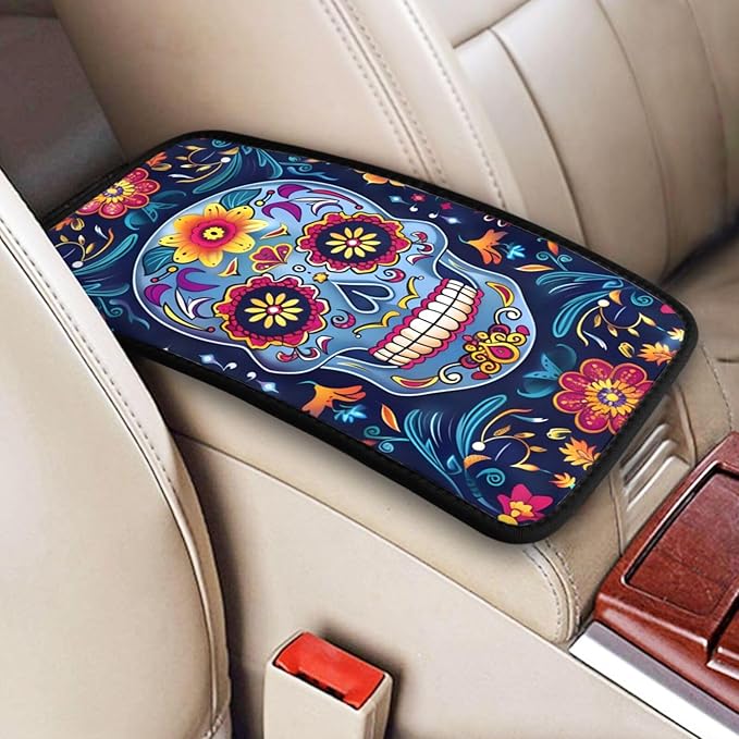 Funny Sugar Skulls Flower Car Center Console Cover Universal Car Armrest Cover Waterproof Auto Armrest Seat Box Mat Protector Decor Car Center Console Cushion Pad for Most Vehicle SUV Truck Car