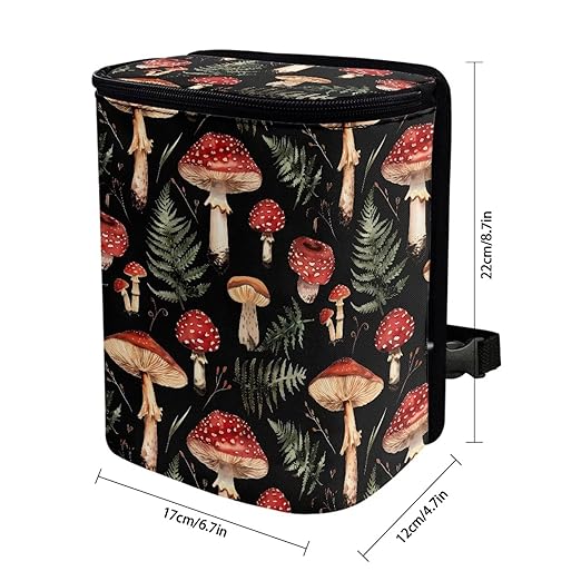 Car Accessories Back Seat Multipurpose Car Trash Can with Lid, Leak Proof Waterproof Hanging Car Garbage Can for Road Trip Travel, Mushroom Print