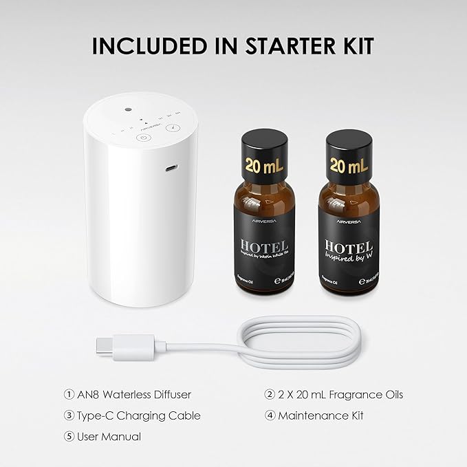 Airversa Waterless Essential Oil Diffuser Starter Kit with 2x20mL Hotel Fragrance Oils for Car Home Office, Up to 600 sq ft, Cordless Nebulizer Baterry Operated, Mist & Timer Settings AN8Kit-C, White