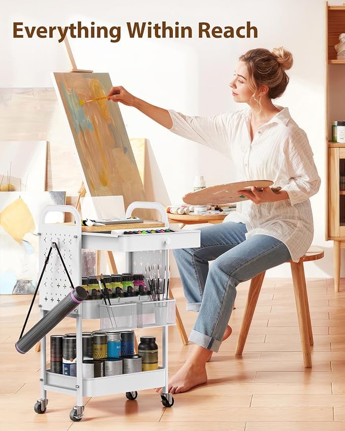 ALVOROG Rolling Cart with Drawer and Wood Table Top, 3 Tier Metal Rolling Utility Cart on Wheels with DIY Pegboards, Hanging Baskets, Hooks for Kitchen, Bedroom, Office, Craft Supplies