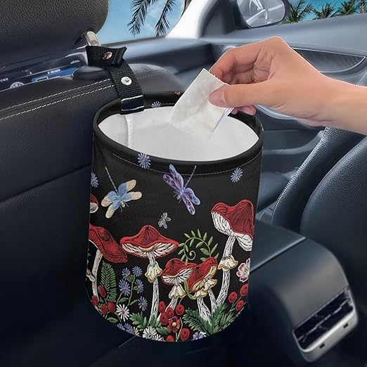 Dragonfly Mushroom Car Garbage Can Mini Car Trash Bin Truck Organizer Auto Storage Bag Waterproof Portable Accessories Road Trip for Kids