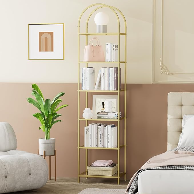 Homhedy Bookshelf Arched Display Racks,Metal Bookcase,Tempered Glass Shelves,Storage Rack Shelf for Home Office,Living Room,Bedroom, Bathroom,Modern Style (Golden, 11.8" D x 13.8" W x 68.1" H)