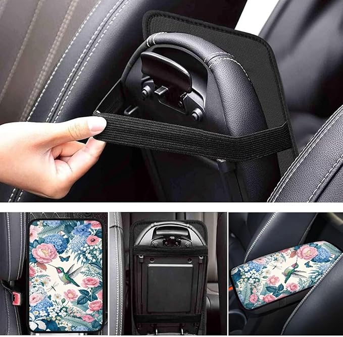 Blue Pink Floral Hummingbird Print Auto Center Console Cover Arm Rest Cover for SUV Truck,Soft Car Arm Rest Cover Universal Fit
