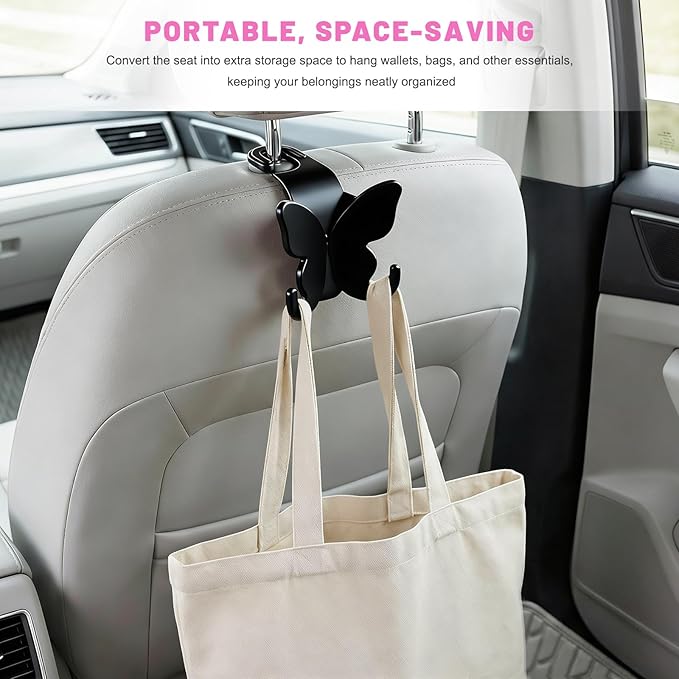 2 PCS Car Seat Headrest Hook, Butterfly Multipurpose Storage Hook Seat Back Purse Holder, Cute Butterfly Headrest Purse Hanger Interior Accessories for Car Truck SUV (Black)