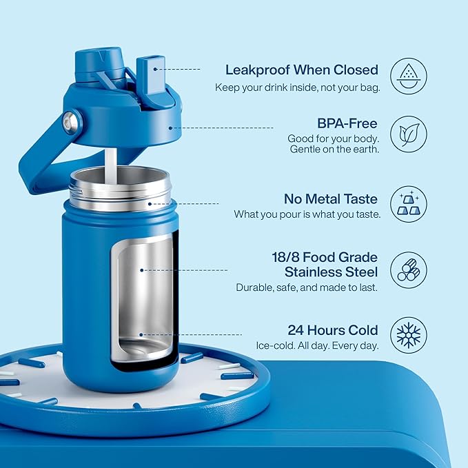 Kids Insulated Water Bottle with Straw - 12oz Stainless Steel Water Bottle with Dual Spouts, Leak-Proof, BPA-Free, Double Wall Vacuum Keeps Cold for 24 Hours for Sports, Travel, School (Celtic Blue)