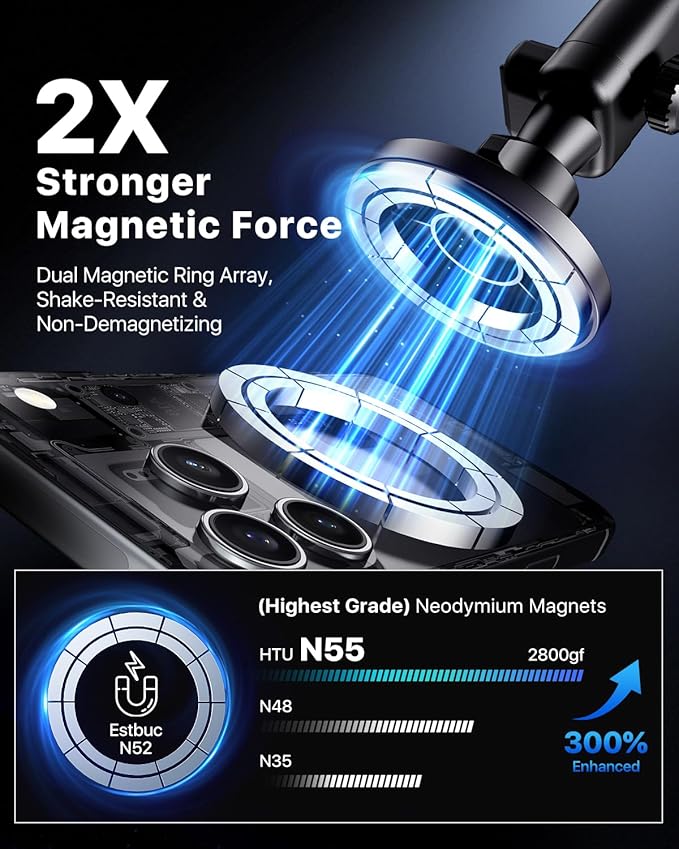HTU 【Military-Grade】 for MagSafe Car Mount【Upgraded Strongest Suction】 Magnetic Phone Holder Cell Stand for Dashboard Windshield Vent,Truck Cradle for iPhone 17 Pro Max 16 15 14 13 12 Tesla, Black