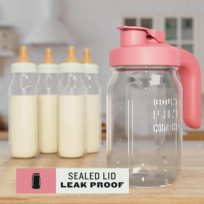 County Line Kitchen Glass Breast Milk Pitcher with Lid - Wide Mouth, 1 Quart (32 oz) - Heavy Duty, Leak Proof - Sun & Iced Tea Pitcher, Cold Brew Coffee, Breast Milk Storage, Water - Pink