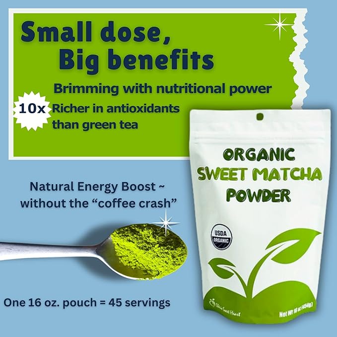 Organic Sweet Matcha Green Tea Powder - Cafe Style Blend by Cherie Sweet Heart - 16oz, Vegan & Gluten-Free, Rich in Antioxidants, Perfect for Lattes, Smoothies & Baking