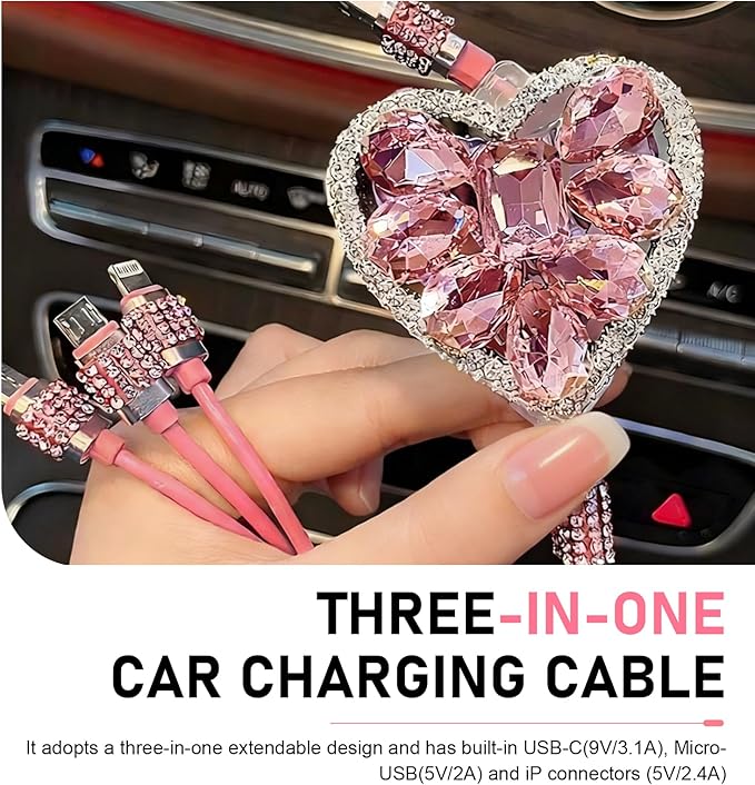 Car Retractable Multi Charging Cable, 3 in 1 Fast Charger Cord, Camellia Patterned/Heart-shaped Diamond-studded Car Charger Cable, Stylish for Women, Compatible with Phone, Tablets (Pink)