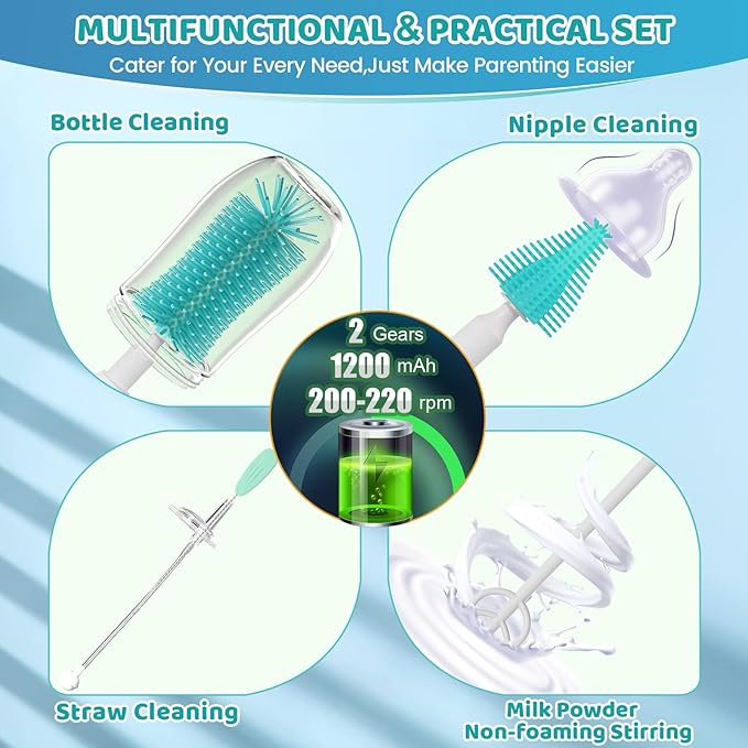 IvyWind Electric Travel Baby Bottle Brush Set with Storage Box, Automatic Bottle Cleaner Brush Kit with Silicone Bottle/Nipple/Straw Brush, Milk Frother Electric and Drainage Rack, Rechargeable, Green