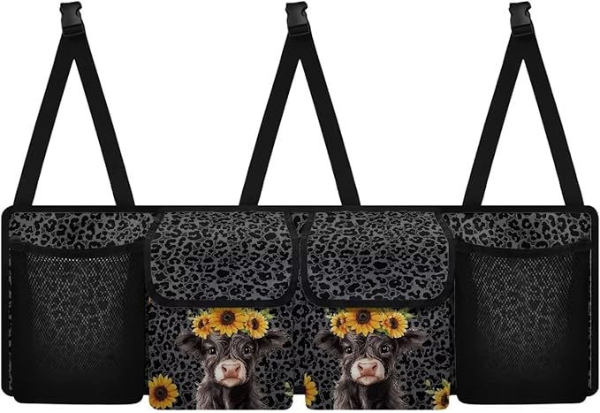 Sunflower Highland Cow Car Trunk Organizer Black Leopard Print Hanging Cargo Storage Bag Large Capacity Car Organization