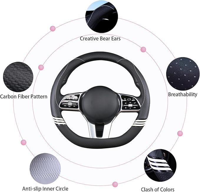Cute Steering Wheel Cover D Shape for Women Men Breathable Universal 15 inch,Black