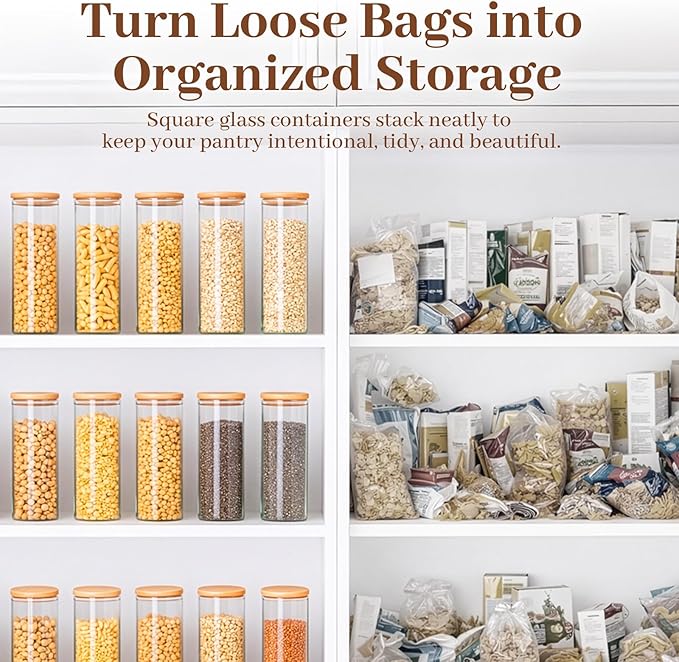 77L Stackable Glass Food Storage Containers with Lids [Set of 8 ], Airtight Glass Canister for Kitchen & Pantry Organization, Clear Borosilicate Jars for Pasta, Cereal, Flour, Sugar, Nuts