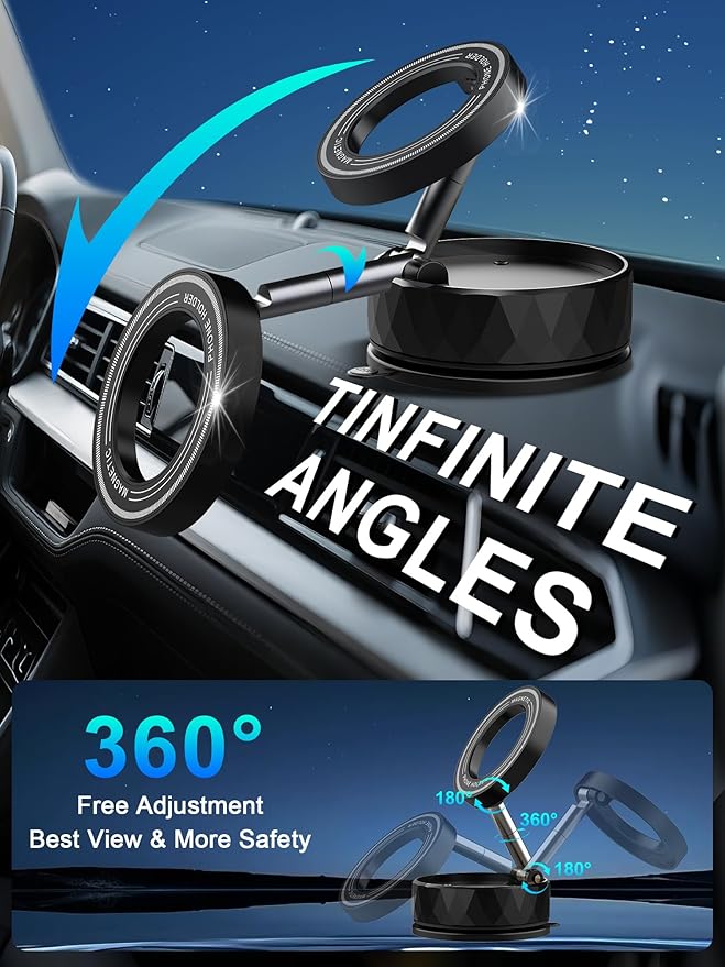 Vacuum Magnetic Phone Holder, Magnetic Phone Holders for Car, Suction Cup & Strong Magnet & 360°Adjustment, Magsafe Magnetic Mounts Accessories for iPhone 12-17(Black)