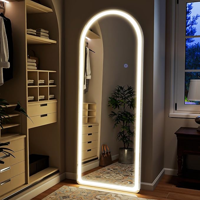 VooBang 71"x26" LED Mirror Full Length - Arched Floor Body Mirror Rounded Corners with Dimmable Lights - 3 Color Modes, Standing Leaning Wall Mounted for Bedroom, Dressing Room