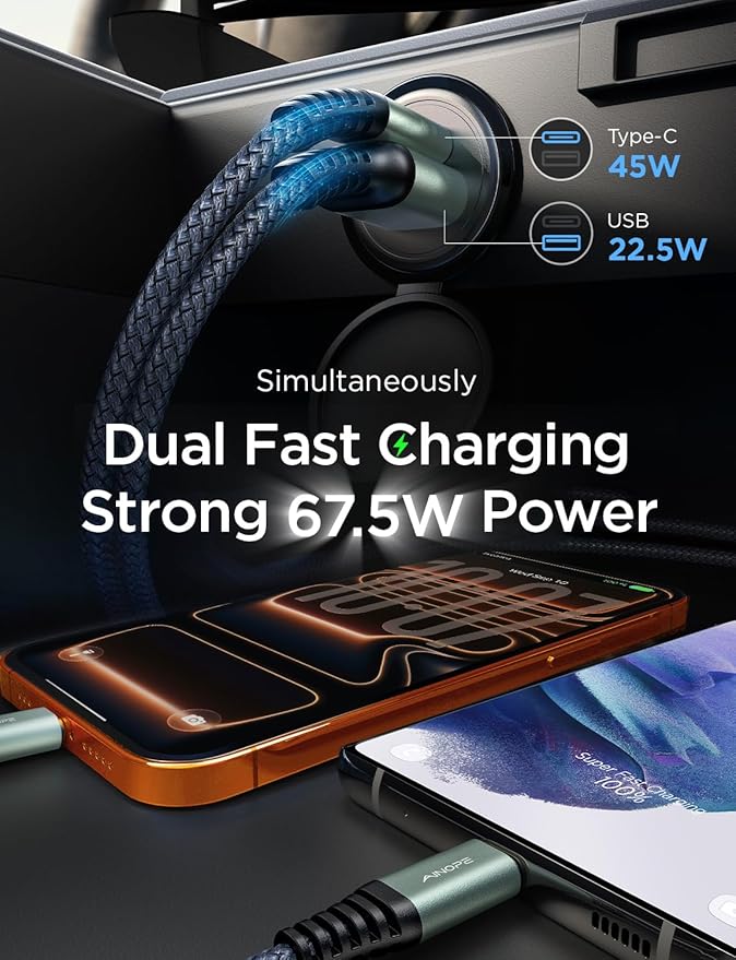 AINOPE 67.5W Super Mini Cigarette Lighter Adapter Car Charger USB C Fast Charging, All Metal PD&QC Type C Car Charger Adapter Outlet Plug Socket for iPhone 17 16 Pro Max 15 14 13 Air, Samsung S26 S25