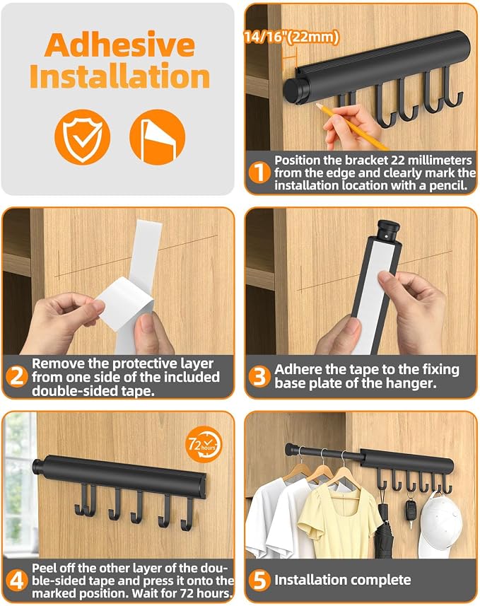 12 inch Valet Rod for Closets Pull Out, Closet Rods Extenders for Hanging Clothes Telescoping Adjustable With 6 Hooks (Black, 12 Inch-1 Pack)