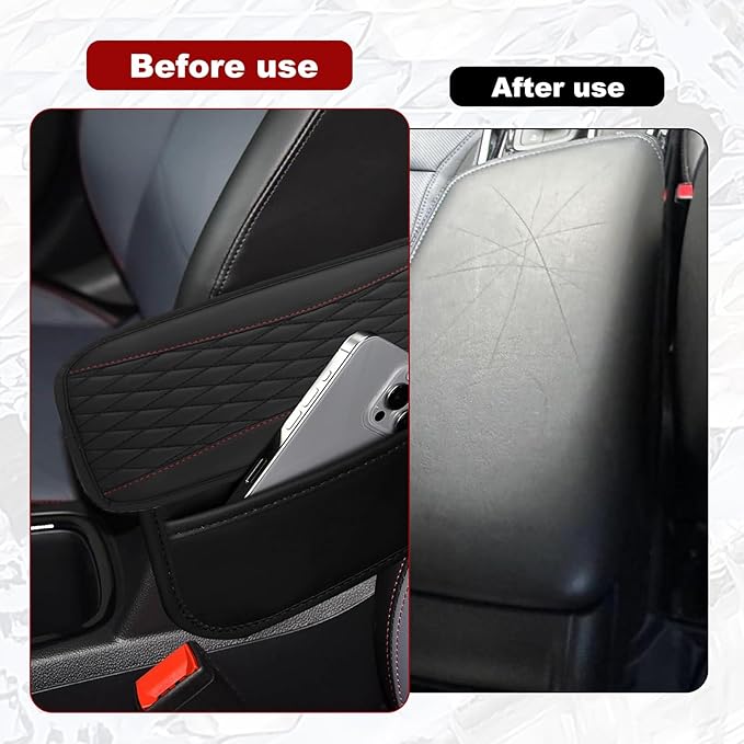 Car Center Console Cover with Side Storage Pockets, Universal Leather Waterproof Armrest Seat Box Cover Protector, Comfortable Car Decor Accessories Fit for Most Cars, Vehicles, SUVs (Black)