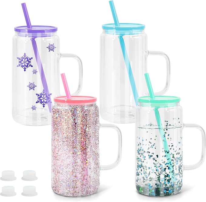16oz Sublimation Snowglobe Cups with Handle, 4 Pack Pre-Drilled Sublimation Glass Cup with Lid and Straw, Double Wall Glass Coffee Mug, Snowglobe Cup Gifts for Snow Globe DIY Glitter, Colored Lids