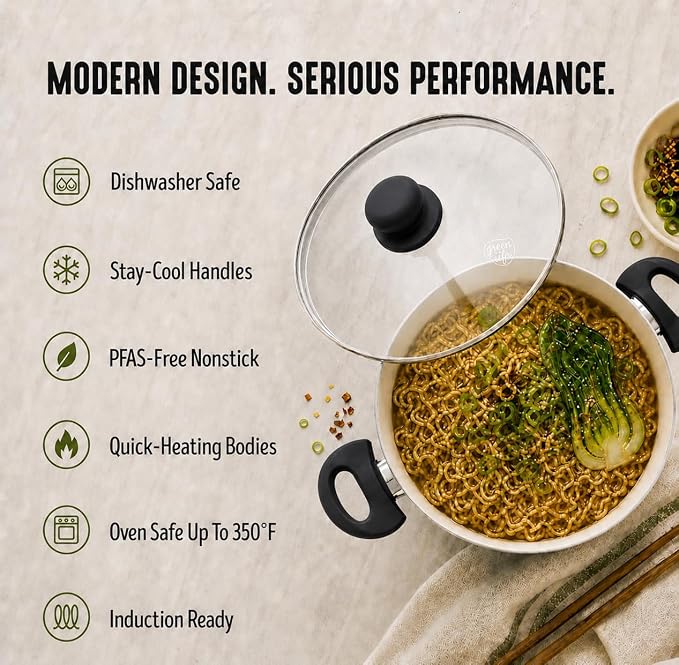 GreenLife 5 Quart Nonstick Stock Pot with Lid, Non-Toxic Ceramic Pot, Dishwasher Safe, Induction Ready, Fast Heating, Stay-Cool Handles, Kitchen Casserole, Soup, Pasta, Easy Clean, Graphite Black