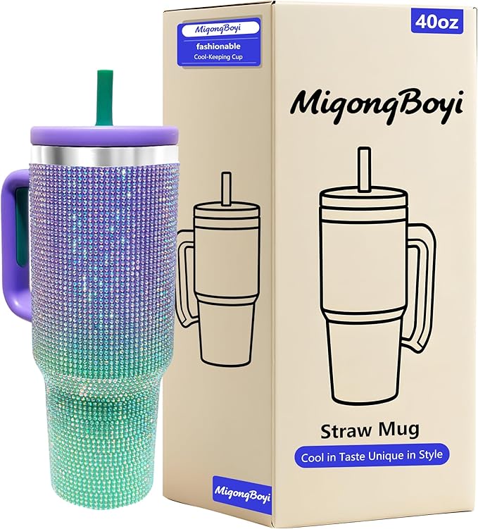 40-OZ Insulated Water Bottle,Insulated Stainless Steel Tumbler,Reusable Cold Drink Thermos,BPA-Free, Double-Wall Stainless Steel Water Bottle (Purple Green Gradient-Diamond, 40, Fluid Ounces)