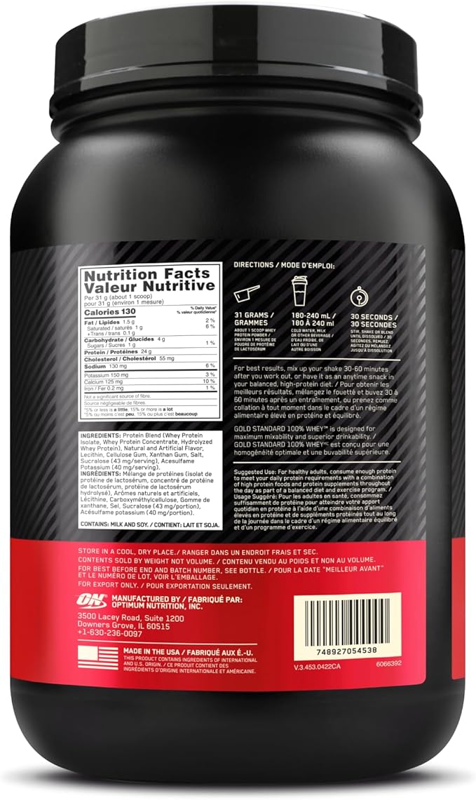 Optimum Nutrition Gold Standard 100% Whey Protein Powder, Vanilla Ice Cream, 2 Pound (Packaging May Vary)