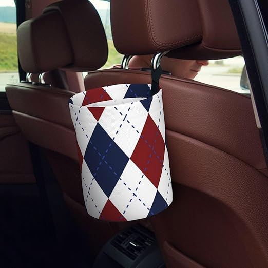 Navy Blue White Argyle Car Trash Can Garbage Cans Foldable,Cute Hanging Car Organizer and Storage Bag Leak Proof, Auto Back Seat Trash Bin Universal for Truck, SUV, Outdoor Travel