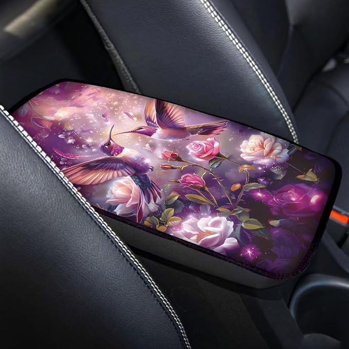 Purple Hummingbird Floral Print Auto Center Console Cover Arm Rest Cover for SUV Truck,Soft Car Arm Rest Cover Universal Fit