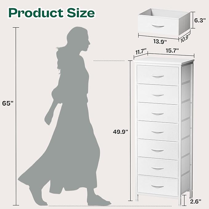 Huuger Tall Dresser for Bedroom, 7 Drawer Dresser & Chests of Drawers, Fabric Drawer for Closet, Bedroom, Night Stand, Metal Frame, Storage Tower with Fabric Bins, White