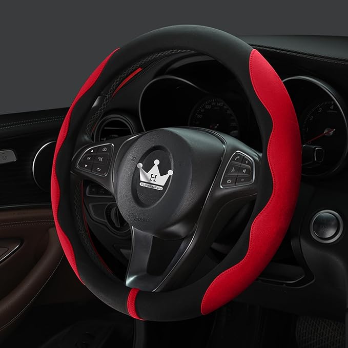 Luxury Suede Steering Wheel Cover for Cars, Soft Leather Padded Wheels Cover for F150, Trucks, Jeep, Van, Auto Thin Large Car Handle Cover, Universal Fit, Anti Slip, 15.2-16in, Red