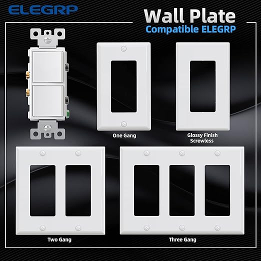 ELEGRP Single Pole Decorator Double Rocker Switch, 15A 120V, in-Wall On/Off, Self-Grounding, Screwless Wall Plate, UL Listed (1 Pack, Glossy White)