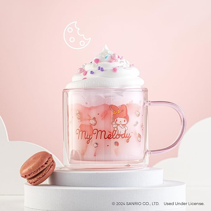 JoyJolt Hello Kitty Double Wall Insulated Coffee Mug ft My Melody, 13.5 oz Glass Cup, Cute Drinking Glassware ideal for Latte, Iced Coffee, or Tea, Kawaii Hello Kitty Merch, Sanrio Accessories