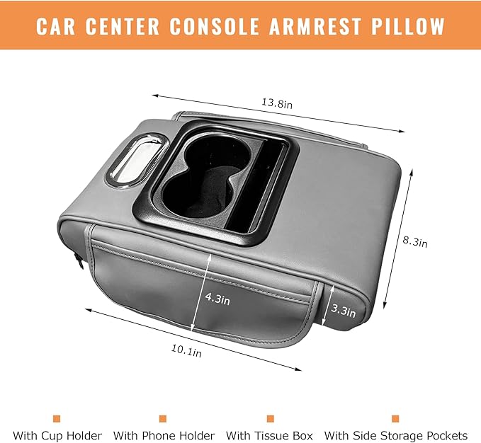 Car Center Console Armrest Pillow, 5-in-1 Armrest Cushion w/ 2 Side Bags, Tissue Box Slot, Cup & Phone Holder, Multifunctional Leather Auto Arm Rest Cover Storage Organizer (Gray, Normal)