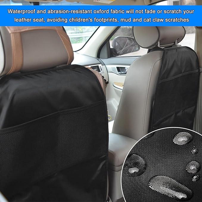 2 PCS Back Seat Cover for Kids, Car Kick Mat Seat Protector with 2 Storage Pockets, Premium Water Resistant Backseat Kick Mats Protect Vehicle from Dirt, Mud, Scratches