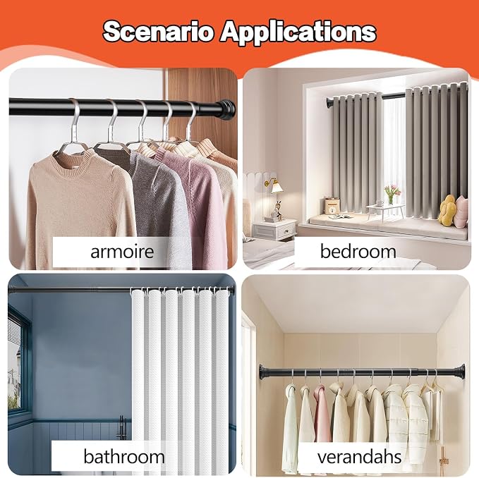 Closet Rod for Hanging Clothes, with No Drilling Holder 30 to 88 Inches Adjustable Matte Black Closet Rods, Space Saving Tension Spring Pole Heavy Duty Bar for Wardrobes, Shoe Cabinets