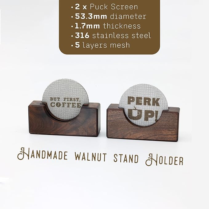 2Packs 53.3mm Espresso Puck Screen | Handmade Walnut Stand | 1.7mm Thickness 150μm 316 Stainless Steel