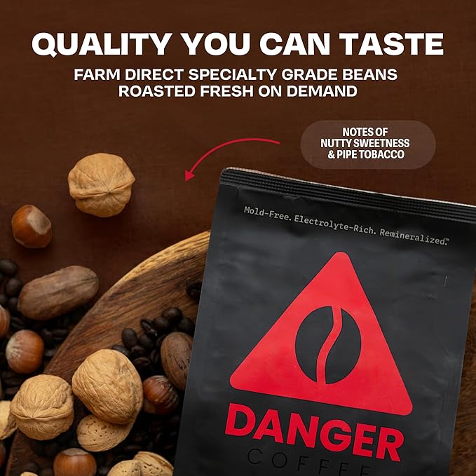 Danger Coffee by Dave Asprey, Remineralized, Mold Free & Lab Tested Ground Healthy Coffee, Medium Roast, 10.9 Ounce