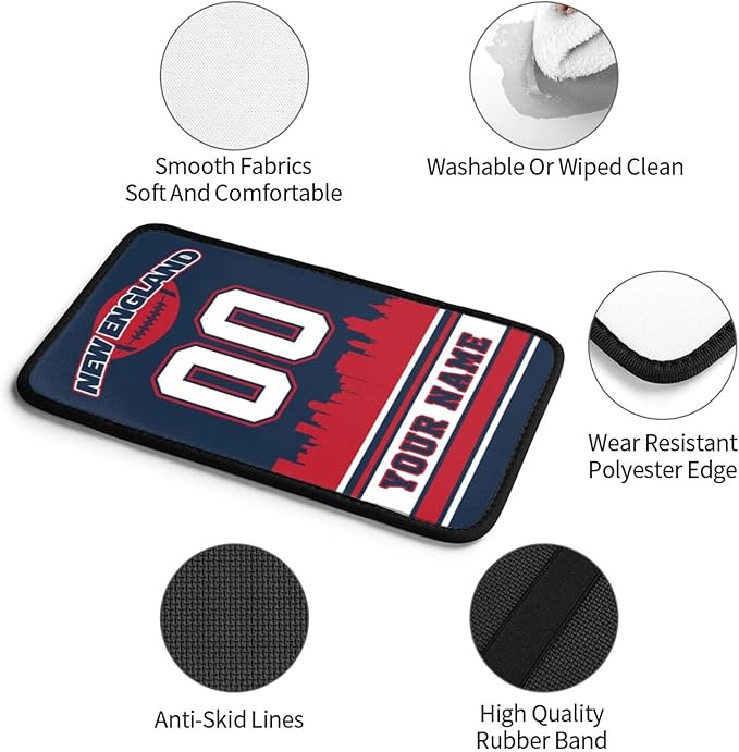 Custom New England Car Armrest Covers Personalized Football Style with Name Number Customized Auto Center Console Pad Car Handrail Box Cushion for Most Vehicle Decor Accessories, Fans Gift