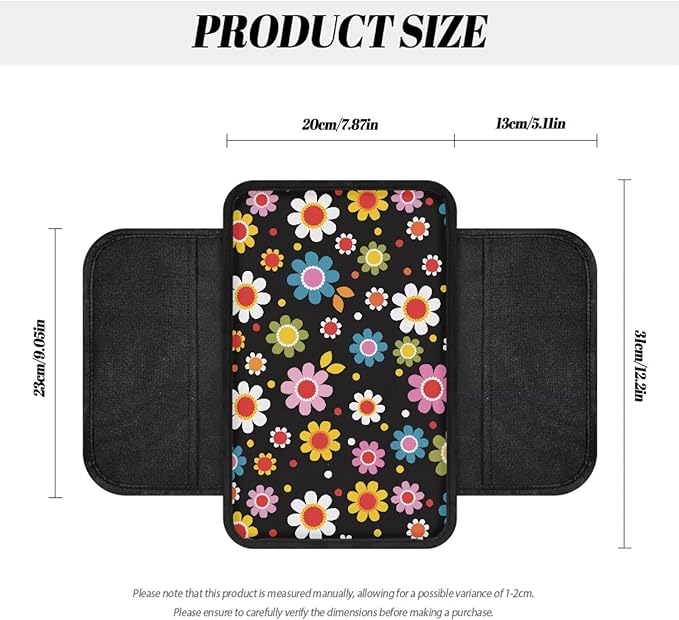 BIGCARJOB Stylish Daisy Print Armrest Pad with Pocket Universal Car Center Console Cover Hippie Daisy Print Car Armrest Storage Box Middle Console Cover Universal Armrest Cover Cushion