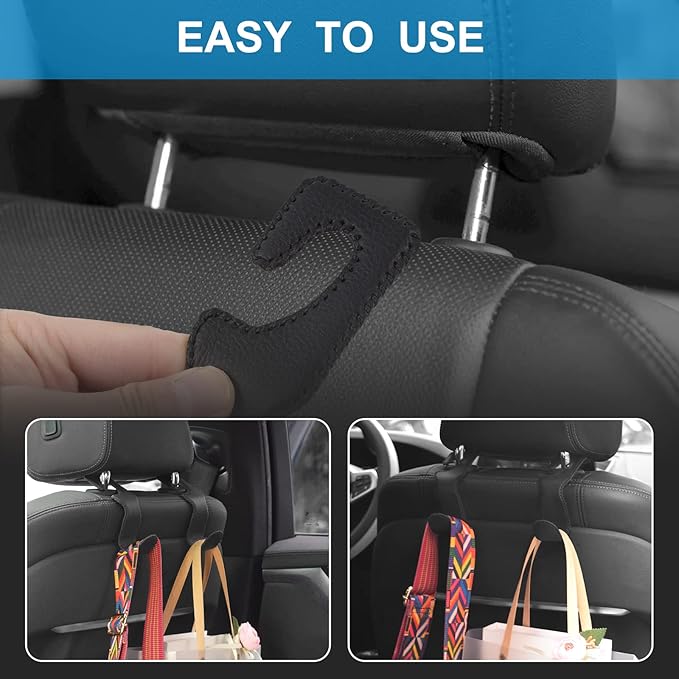 Seat Hooks for Purses and Bags, 4 Pack Car Purse Holder for Grocery Bag Handbag Clothes, Metal Headrest Hooks Covered by Leather, Black