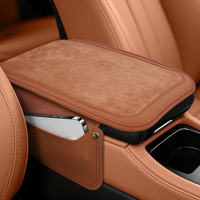 SINGARO Car Leather Center Console Cover with 2 Storage Bags, Universal Furry Fluffy Car Armrest Seat Box Pad, Comfortable Car Interior Accessories, Fits for Most Vehicles (Orange)