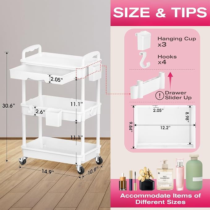 Goovilla Rolling Makeup Organizer Cart with Removable Drawer, 3 Tier Stable White Floor Skincare Storage Cart for Vanity, Cosmetic Display, Nail Polish, Perfume, Hair Stuff, Beauty, Bathroom(Plastic)