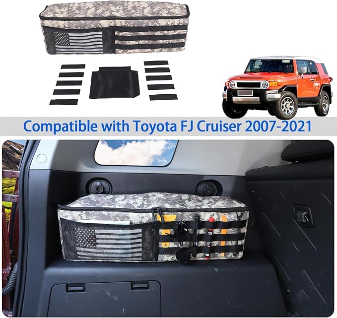 Car Trunk Organizer Compatible with Toyota FJ Cruiser 2007-2021, Rear Storage Organizer With American Flag, Multi-Compartment Oxford Cloth Car Storage Bag Space Saving (Camouflage-Left Side)