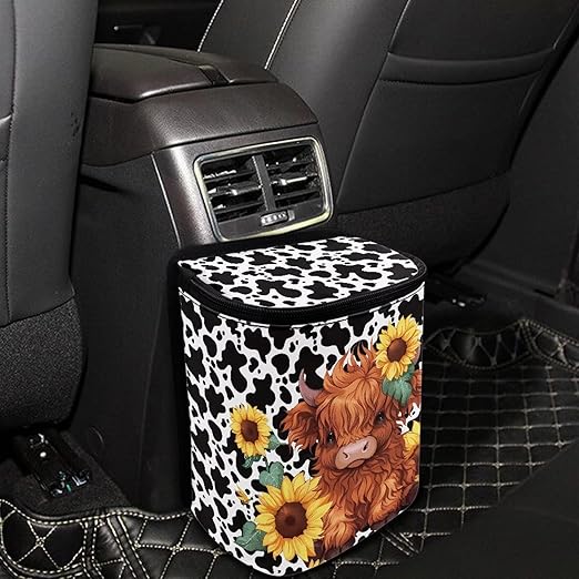 KEIAHUAN Highland Cow Sunflower Foldable Car Trash Bag Hook Hanging Car Garbage Can Holder Leakproof Storage Organizer for Camping Car Interior Accessories